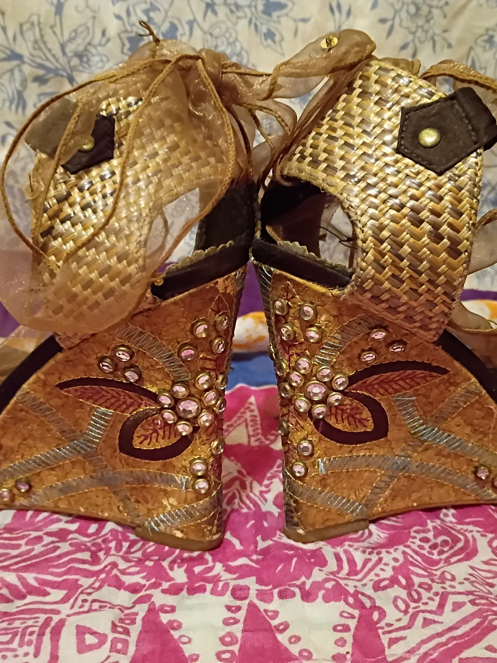 Atmosphere Gold Embellished Wedge Sandals with Sheer Ankle Ties